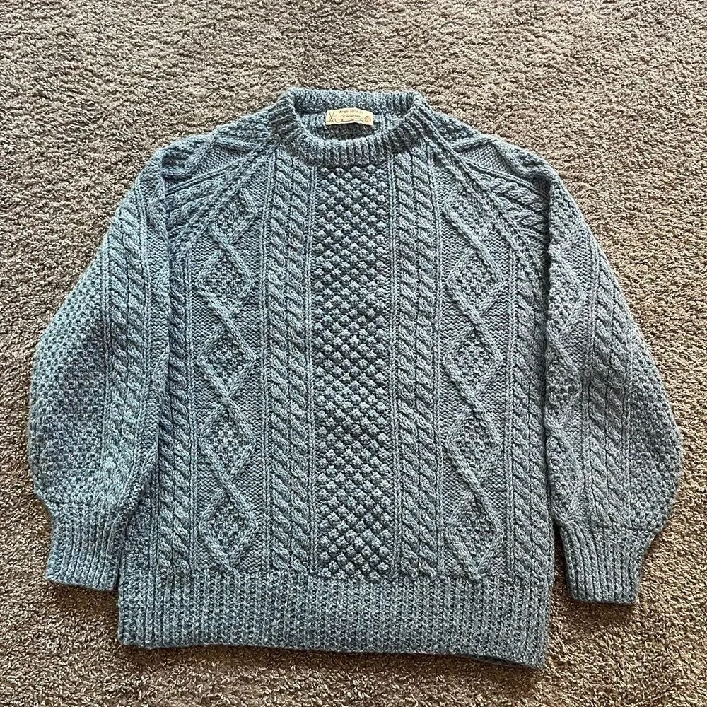 Vintage Aran Islands Knitwear Fisherman Wool Sweater Cable Knit Chunky Blue Sz L